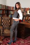 Gorgeous brunette Carla strips her uniform & poses in pantyhose in the library (21)