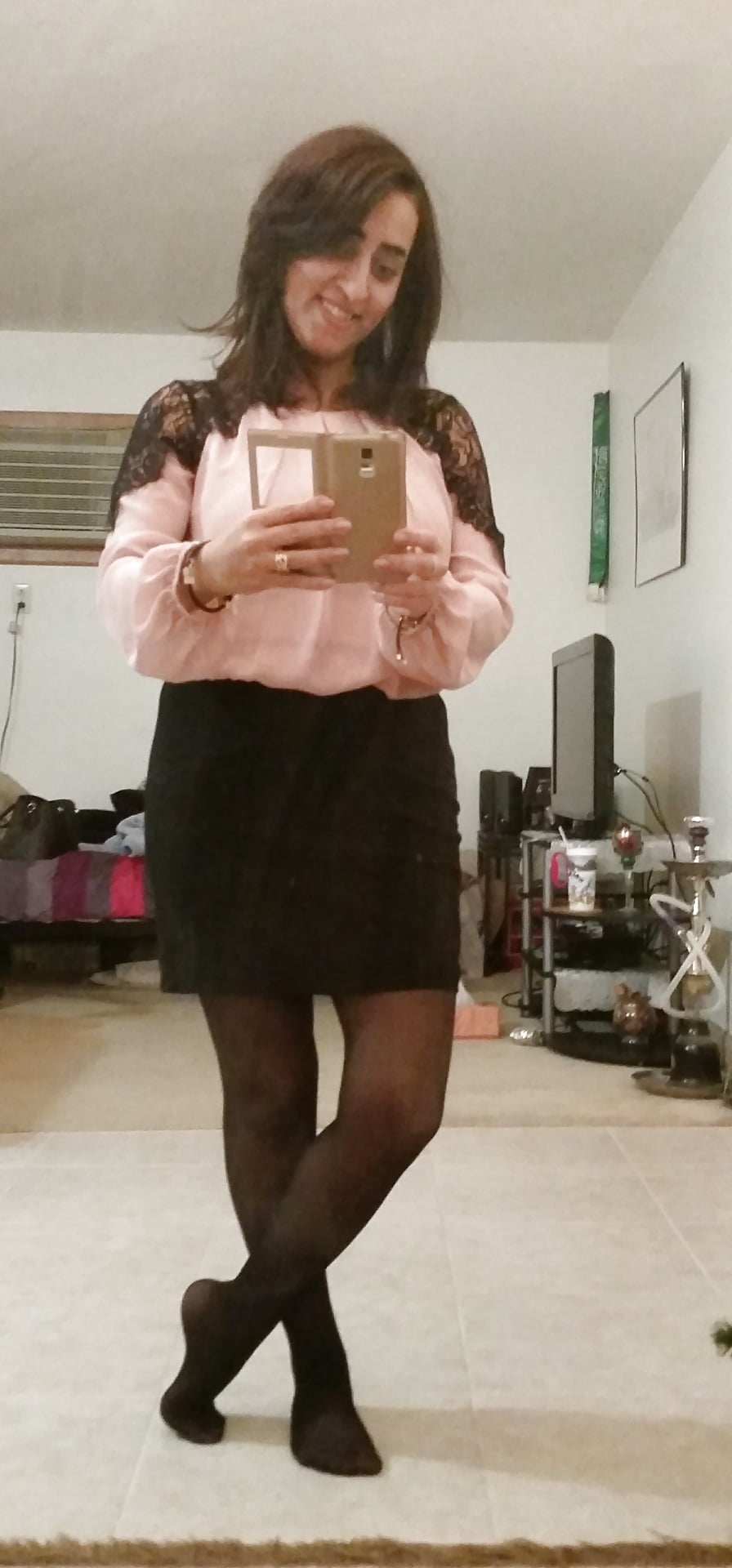 Me (Saudi Arab) in a skirt showing some leg in nylons (7/9)