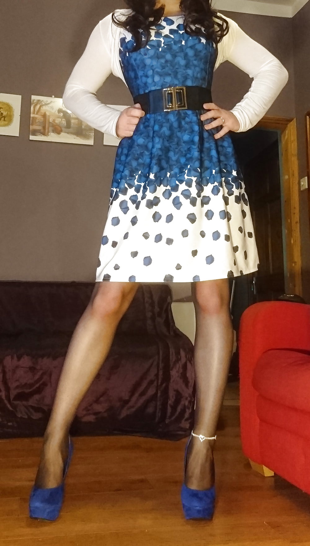Marie crossdresser blue dress and sheer pantyhose (13/13)