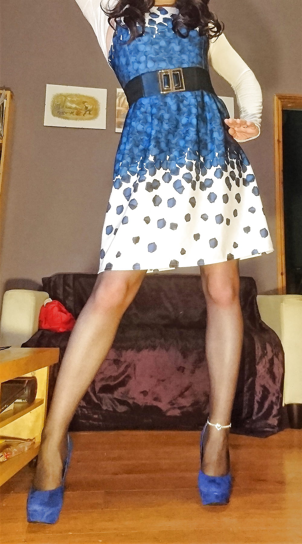 Marie crossdresser blue dress and sheer pantyhose (10/13)